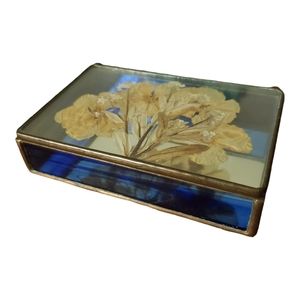 Unique Vintage Blue Glass and Brass Rectangular Jewelry Box with Pressed Flowers